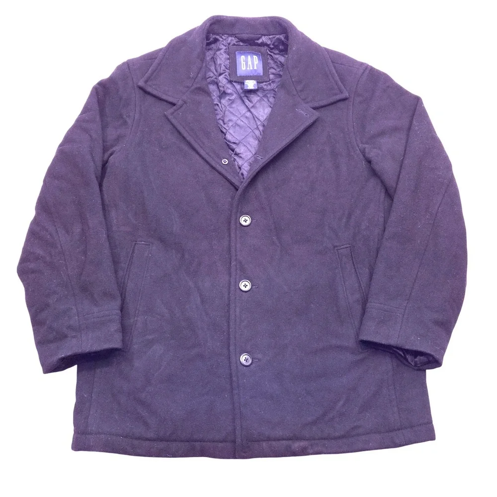 Gap Wool-Blend Three Button Topcoat Black‎ Quilted Lined Mens Medium